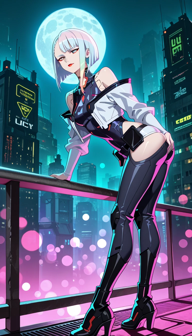 rei ayanami, ((blue hair, short hair, glowing red eyes, makeup, narrow waist, skinny, medium breasts)), pelvic curtain, ((lucy kushinada bodysuit, cyberpunk:edgerunners)), full body, perfect body, (insanely detailed, beautiful detailed face, masterpiece, best quality) , (((solo))), (((1girl))), (((mature))), (extremely detailed 8k paper CG wall unit: 1.1), (school, night), (Frown face for the viewer), underbutt, from behind, back