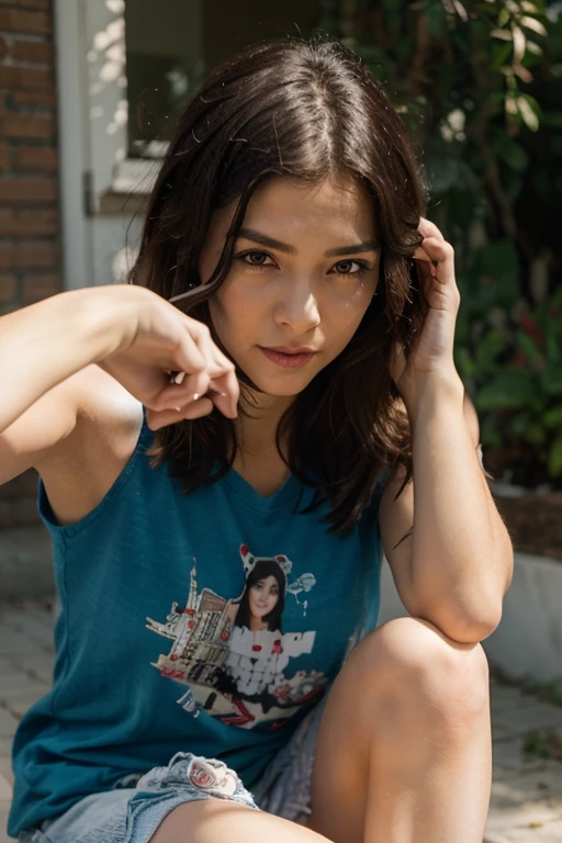 mulher morena vestindo camiseta branca, Looking at the camera, your left hand is on your face, ela admira sua pele, her skin is extremely hydrated, ela tem uma pele muito bonita e macia, she is in love with herself, parece uma atriz, sorri feliz, com a pele hidratada