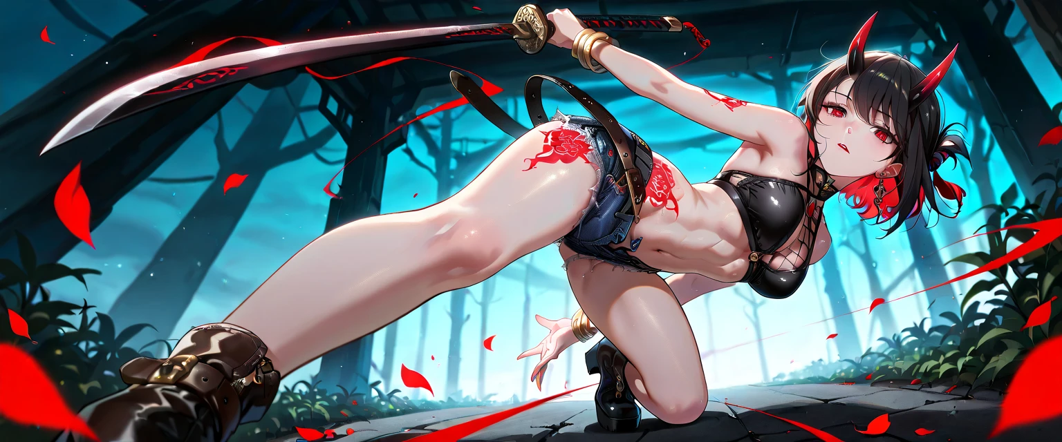 assassin woman with a thick black hair, slender toned body, pale skin, low fantasy, taekwondo kick, naked, nsfw, nude