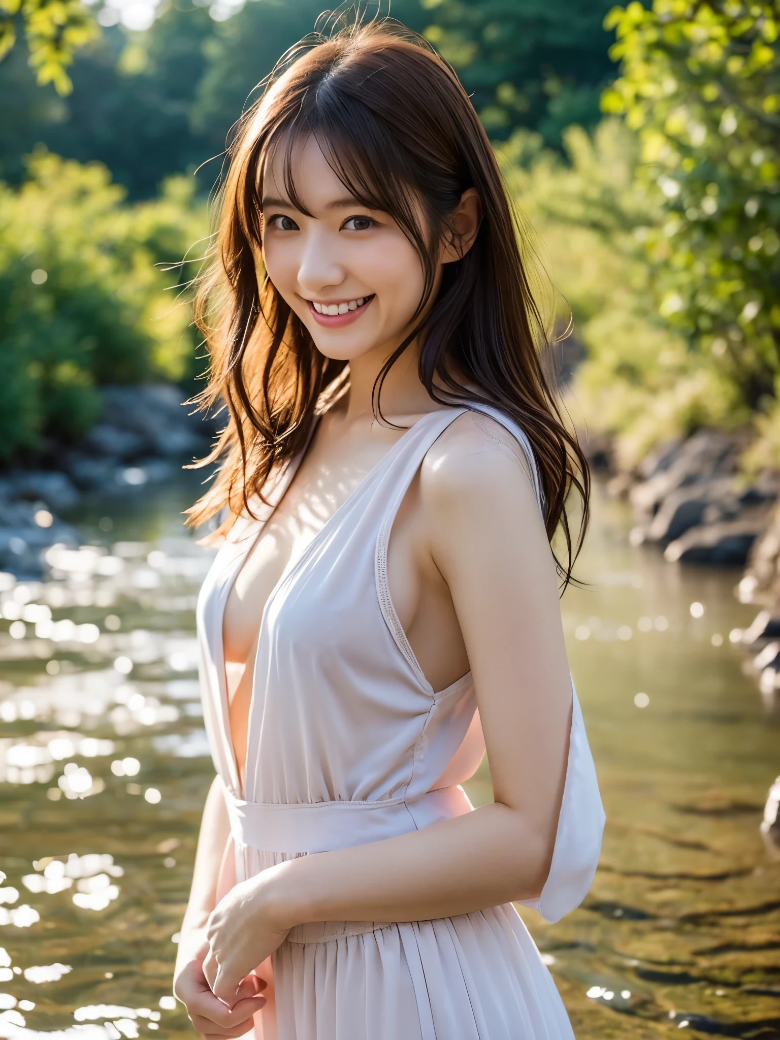 Highest quality,a girl, one girl,solo focus,raw photo,bloom,full body,4K,8K,Realistic,full body,Japanese women,一人のJapanese women,Age 25,Clear,kind,Beautiful eyes,smile,Full of maternal love,nice style,smile,teeth,short brown hair,Large Breasts,healthy,positive,Very detailed,Casual Style,The background is a river,forest,a one girl