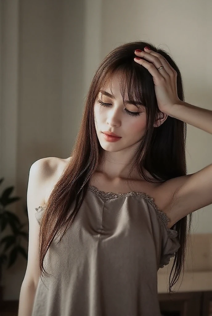 nordic young woman, cute face, seductive, best quality, masterpiece, translucent summer dress, golden hour, detailed textures, long braded hair, sitting on bed, posing, casual pose, wooden cottage, interior, [blush], aesthetic, intricate, caustics, light rays, sunlight, (((soft lips))), (((glossy lips))), highly detailed, (semi-realistic:1.2), niloudef, red hair