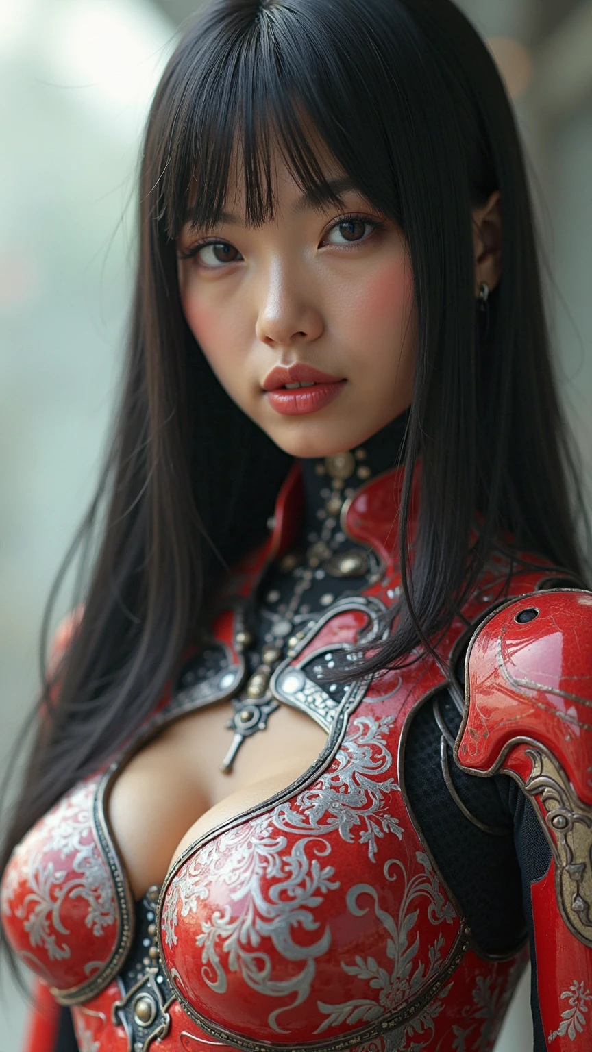 LED glows red and holds a sword、(((masterpiece)))、((Highest quality))、(Ultra-detailed)、8k、(So noble and beautiful))、Cinematic Light、((1. Mechanical Girl))、Long black hair、Black hair the same length as his height、Purple ceramic body、Purple eyes、huge 、I can see her cleavage、(Black Machine Joint:1.4)、((Red mechanical limbs))、(Blood vessel attached to a tube、Mechanical spine attached to the back))、((Mechanical cervical spine attached to the neck))、(Wires and cables connected to the head and torso:1.5)、 Neon Details、sf、Cowboy Shot、The background is Cyberpunk City、Large Breasts，非常にExposeしている，Obscene、Natural Breasts、Natural breasts、Expose、Nipples、Soft 、villain、