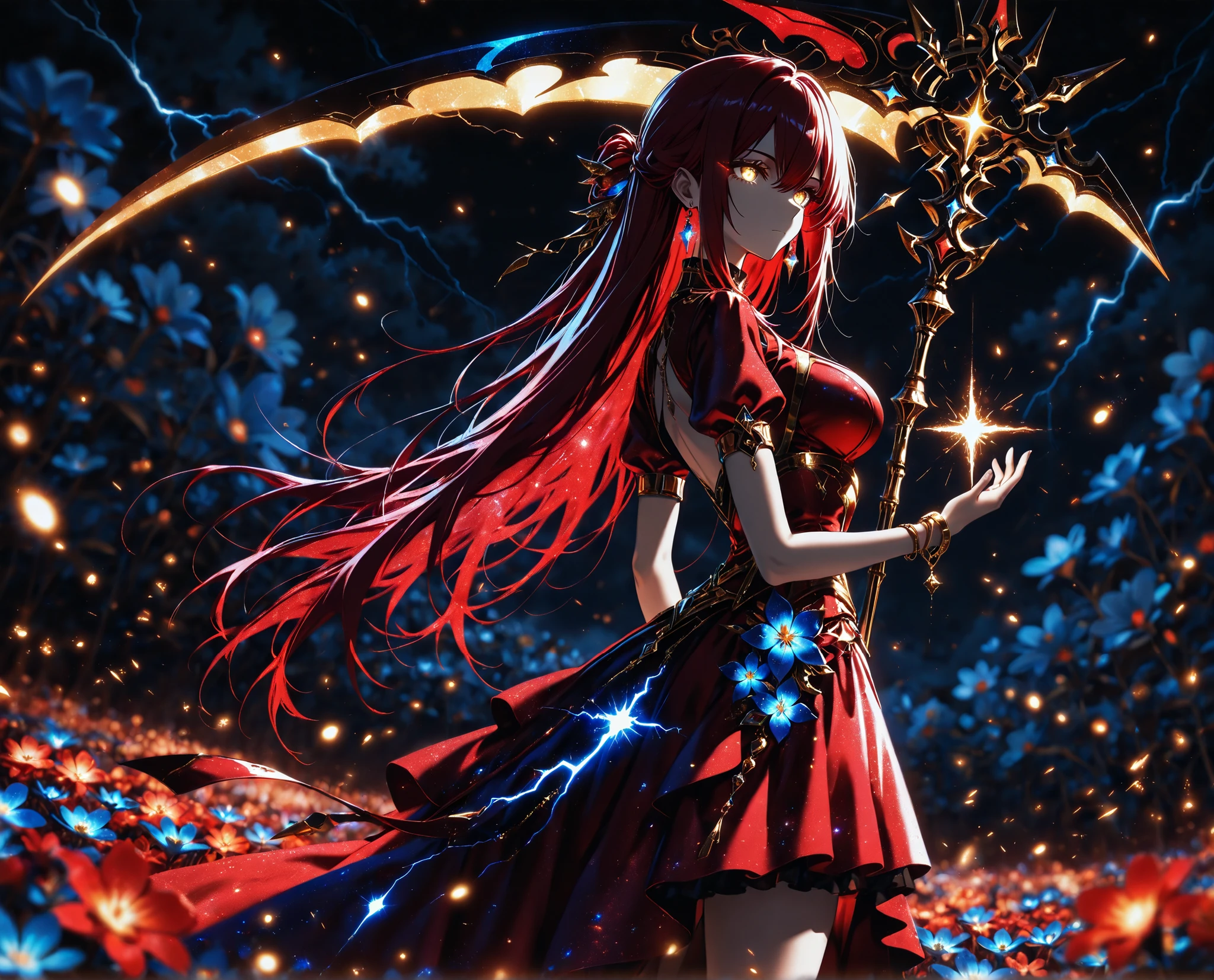 1 girl , golden eyes , very long hair , long sidelocks, red hair ,half updo, petite , very cute , beautiful ,Straight hair, cool, handsome, hair between eyes, sexy, medium breasts, flowery hair, holding a large Scythe, standing next to neon flower, solo, princess dress with pink tulle skirt, neon flower, holding, blue flower, night, red dress with wide pink tulle, from side, looking at the flowers,
,glowneon, glowing, sparks, lightning,crystal,(Depth of field,HD eyes:1.2,cinematic lighting),(masterpiece),(best quality),(aesthetic,intricate),(glowing eyes),(character detailed),(flying embers),(glowing particles),(glowing elements),(glitter fabric),(glittering particles),(HDR),(Sharp focus),16k,Luxurious clothes, beautiful jewelry, sophisticated look, soft light, shine, more prism, vibrant color, more_prism background,hazy lights, misty landscape, foggy atmosphere, subdued lighting, blurred figures, dark background,neon art, neon lineart, colorful neon lineart, neon silhouette, silhouette, neon colors, glowing, glow effect, bright outlines, vibrant colors, high contrast, dark background, digital art