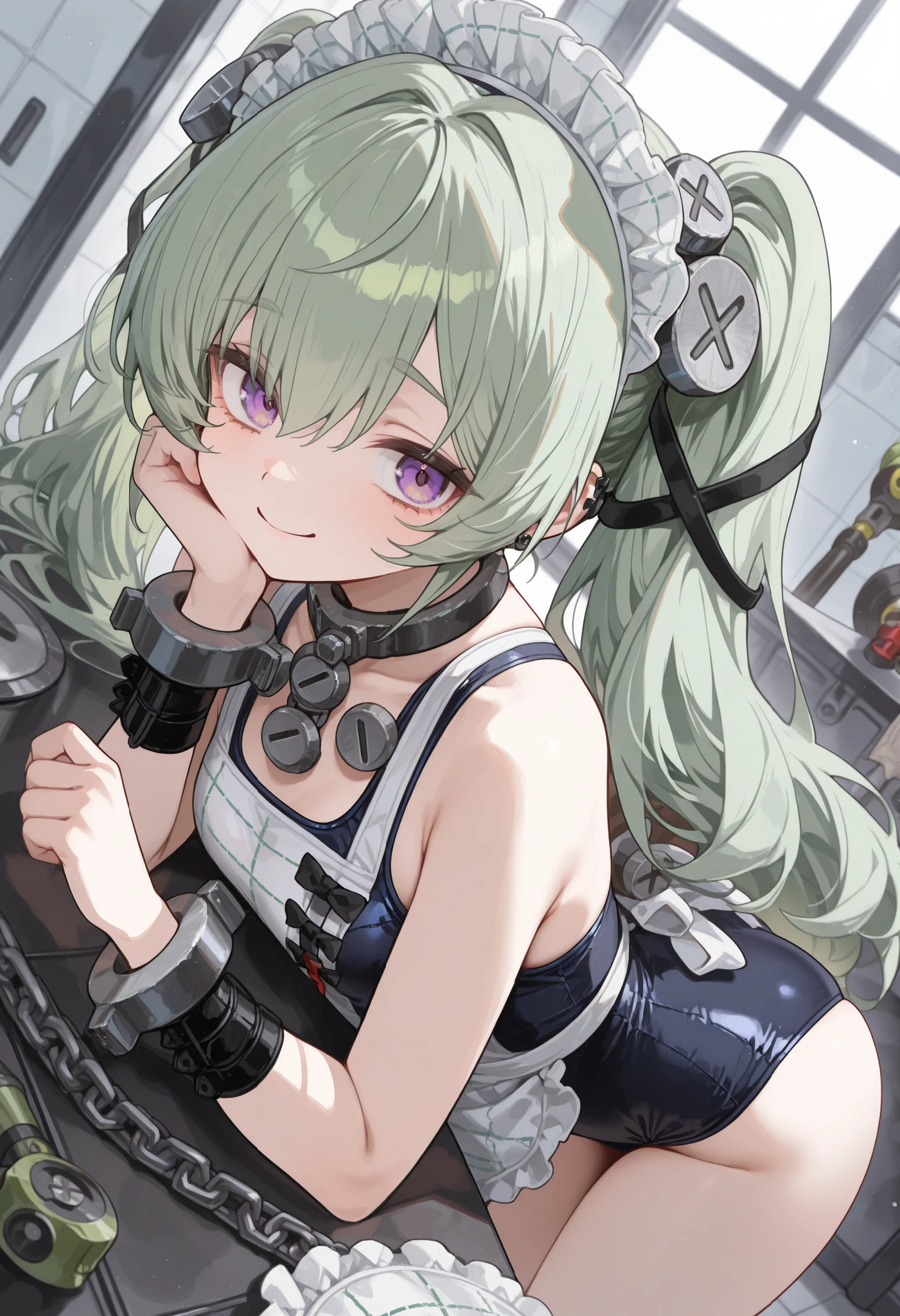 masterpiece,perfect anatomy,high resolution, ultra-detailed,dutch angle,absurdres,long hair, green hair, twintails, purple eyes,(maid swimsuit),screw hair ornament, maid headdress, screw, apron, wristbands, chain,smile,