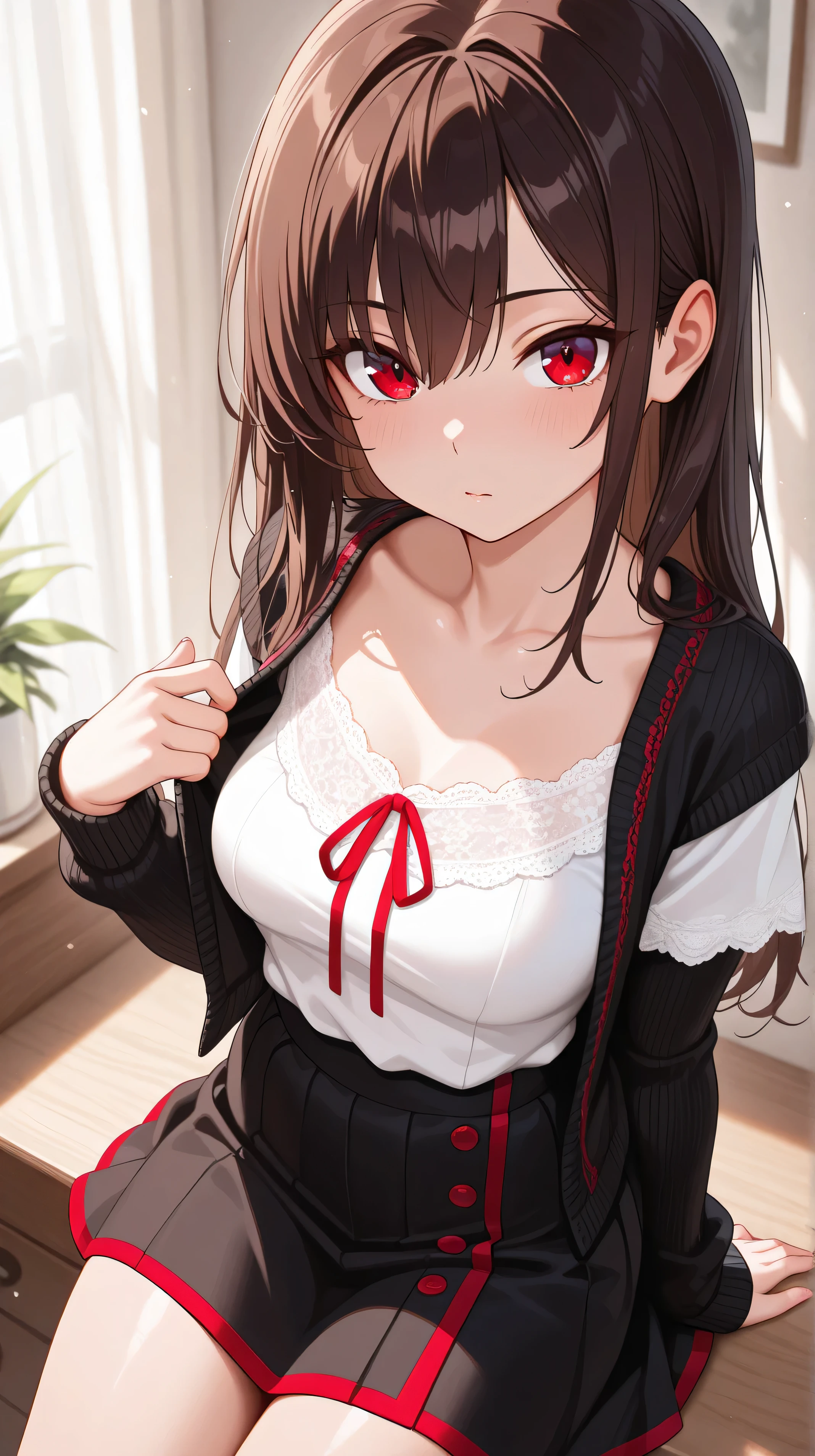 One Girl, (Red eyes:1.3),triumphant expression、View from above、Redhead, pubic hair, break (Red Shirt:1.5), (Black see-through underwear:1.3), Plain underwear, Huge breasts, naked, Exposed Skin,return, Hip, break (White Background:1.2), Red Theme、夜 break looking at viewer, break (masterpiece:1.2), highest quality, High resolution, unity 8k wallpaper, (shape:0.8), (Beautiful details:1.6), Highly detailed face, Perfect lighting, Highly detailed CG, (Perfect hands, Perfect Anatomy),,Anime Style、sketch、Eye contour、sit、sit、lie、Happy expression、From below