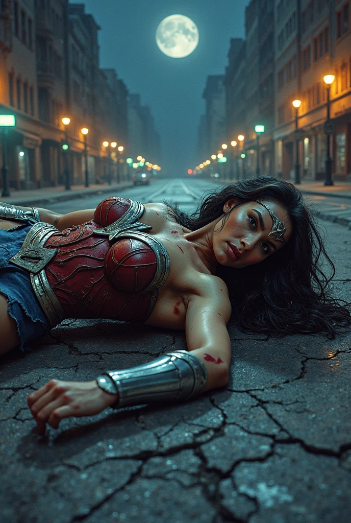 A beautiful woman, Adriana Lima, under the guise of the Amazonian warrior Wonder Woman, kneels, screaming in exhaustion after a battle, blood around her in a rain-soaked, apocalyptic city full of skulls, a fluorescent DC logo in the images.