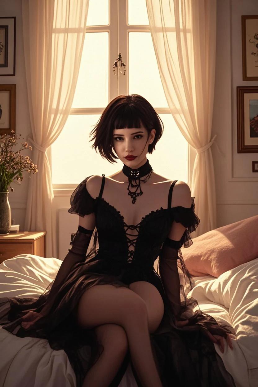 photo by full body, Kizi, vampires, with large fangs appearing in the half-open mouth, Bblack hair, shorth hair, Shaggy hair, pale skin, blue colored eyes, dark red lips, medium breasts, mischievous grin, vampiro fangs, black corset with intricate red details, Flowing Black Cover, black pleated skirt, Black socks with a stripe, Black and red high heels, black choker, black diamond pendant on deep necklace, (kneeling down on bed, beckoning the spectator to come closer), Streaming ao luar, lightrays, inside an old church, by candlelight, (best qualityer, 4K, 8k, high resolution, work of art:1.2), ultra detali, (realisitic, photorealisitic, photo-realisitic:1.37), HDR, ultra HD, studio lighting, Light source from behind, sharp focus, extreme detailed description, proffesional, bright coloured, dark and mysterious atmosphere, modeling posture, seductive posture, confident stance, legs spread open, hypnotic look
