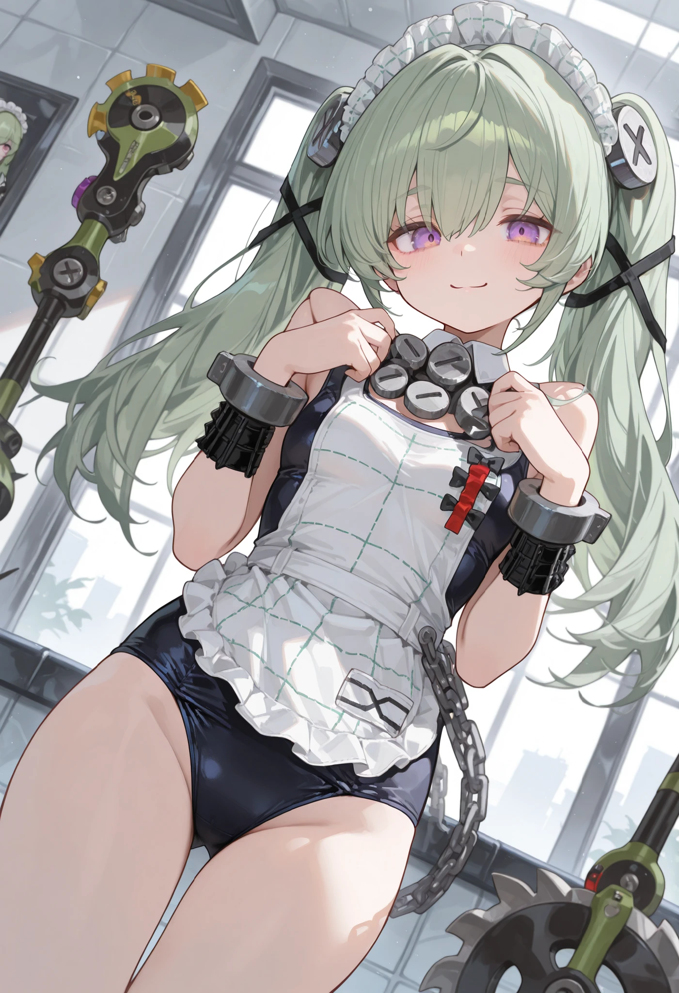 masterpiece,perfect anatomy,high resolution, ultra-detailed,beautiful detailed eyes,dutch angle,absurdres,long hair, green hair, twintails, purple eyes,(maid swimsuit),screw hair ornament,maid headdress, screw, apron, wristbands, chain,smile,