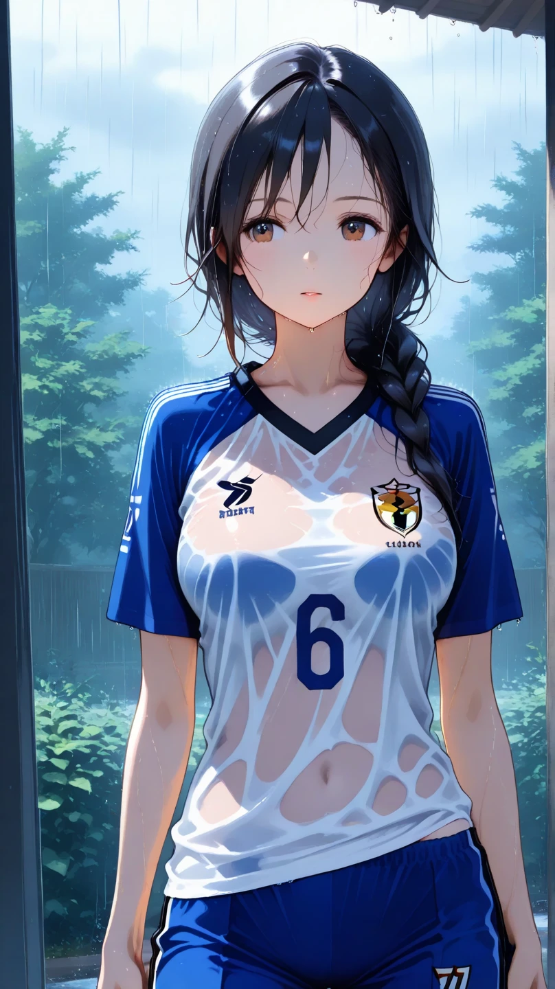 1female,35yo,摩洛解放阵线,plumw,, 独奏,(Background with:volleyball field), She has very short black hair,bobo head,Look head-on, hair straight, The sky is mostly cloudy,(((tmasterpiece),(Very detailed CG unified 8k wallpaper),Best quality,电影灯光,detailed back ground,Beautiful detailed pupils,(Very delicate and beautiful),(Beautiful and detailed eyes description),ultra - detailed,tmasterpiece,))Redlip,facing at the camera,A high resolution,ultra - detailed),Camel toes,longing unsatisfied,Volleyball player,(dressed in:比基尼,blue and white colour scheme)Positive audience