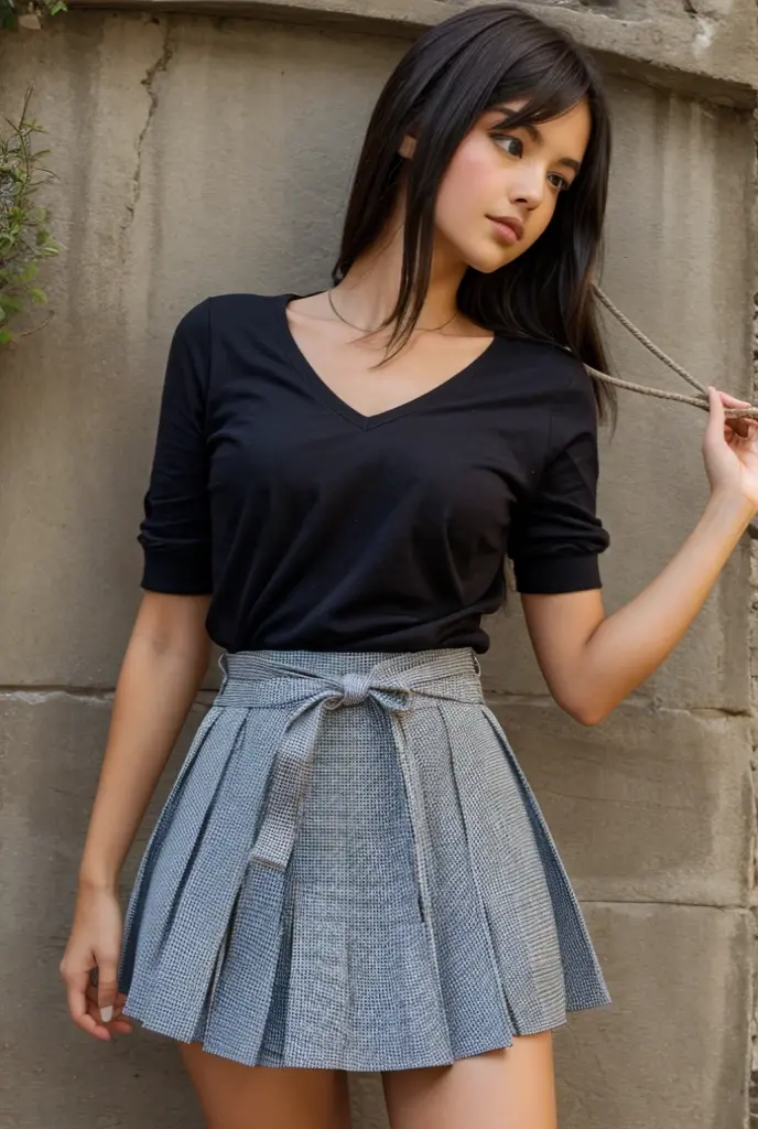 A girl hand tied with rope in skirt
