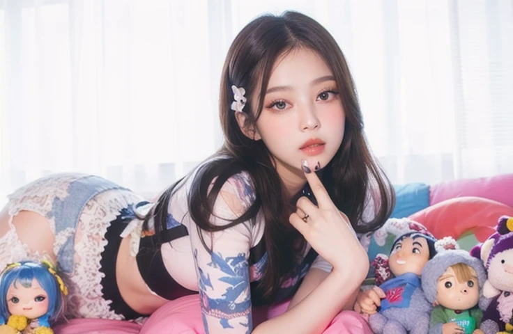 araffe with a pink robe and a black top and a pink towel, cruel korean goth girl, jinyoung shin, portrait of jossi of blackpink, ulzzang, jossi of blackpink, e-girl, e - girl, jisoo from blackpink, omg, roseanne park of blackpink, jia, leaked image, taejune kim, jaeyeon nam, goth girl aesthetic