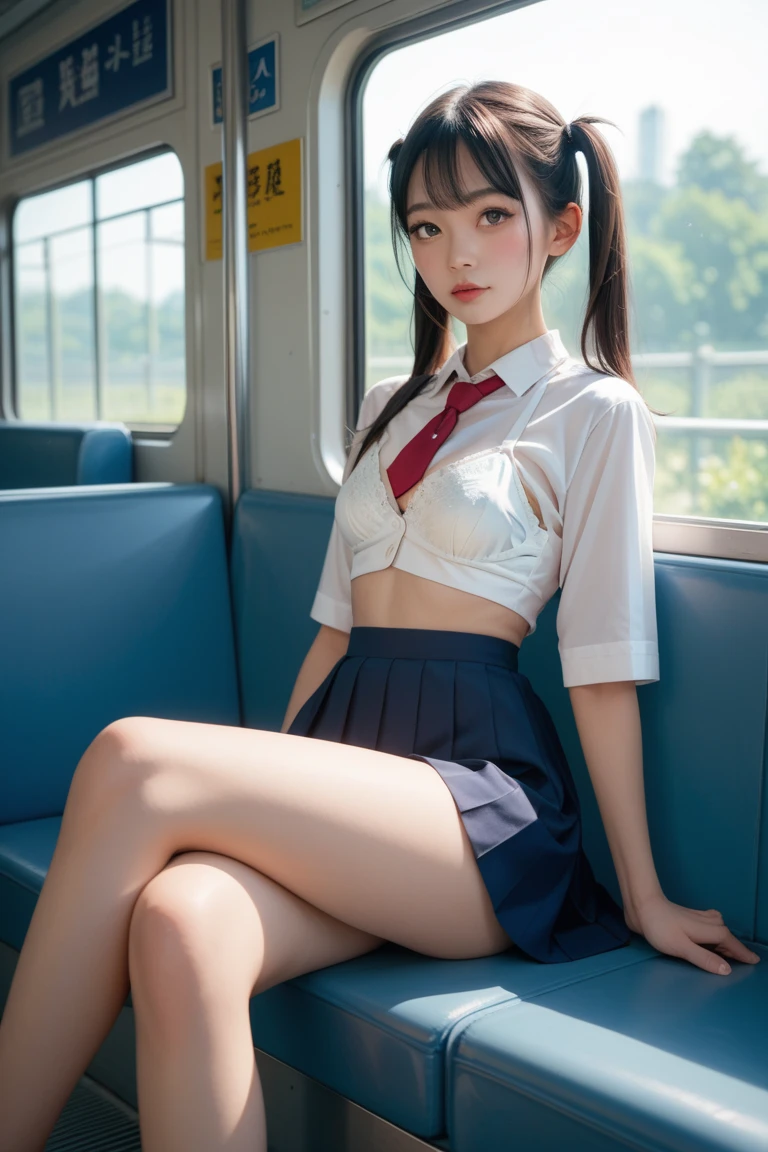 Cowboy shot, masterpiece: 1.5, high definition, 8k, high definition, professional lighting, natural lighting, white panties, schoolgirl panties, show panties, panty angle, high angle shot, realistic face, knee open, knee up, Japan woman in short skirt sitting on train, cute schoolgirl, Japan schoolgirl school girl, wearing Japan uniform, surreal schoolgirl in Japan school uniform, surreal schoolgirl, schoolgirl in uniform, girl in uniform, girl in uniform, full body of schoolgirl posing in school uniform, lovely skin, glowing skin, nice thighs, glossy thighs, glossy legs, body of 18 years old, expression of 35 years old, gaze at viewer, black loafers,