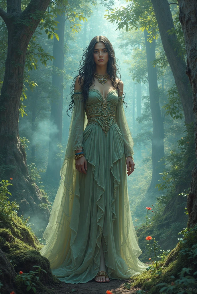 Ultra-detailed, cinematic photorealistic portrait of a beautiful fantasy princess, photographed at sunset on 35mm film with a 85mm lens, soft diffused lighting, standing elegantly in front of a stone castle covered in ivy, wearing an intricate gown made of purple and blue silk and lace with gold accents, flowing sleeves and train, crystal tiara atop long slightly wavy brunette hair, radiant skin, dark red lips, intense green eyes looking straight ahead, holding a glass staff with a glowing crystal orb, surrounded by floating glowing orbs emitting a magical aura, misty forest in background, photographed by Annie Leibovitz for National Geographic.