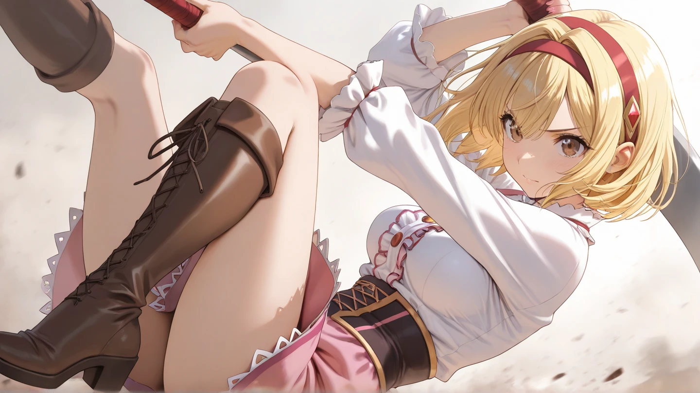comic, mami tomoe, masterpiece, best quality, highres, big breast, pain, screaming, closed eyes, (torn clothes, white panties:1.2), tentacle leash, outdoor