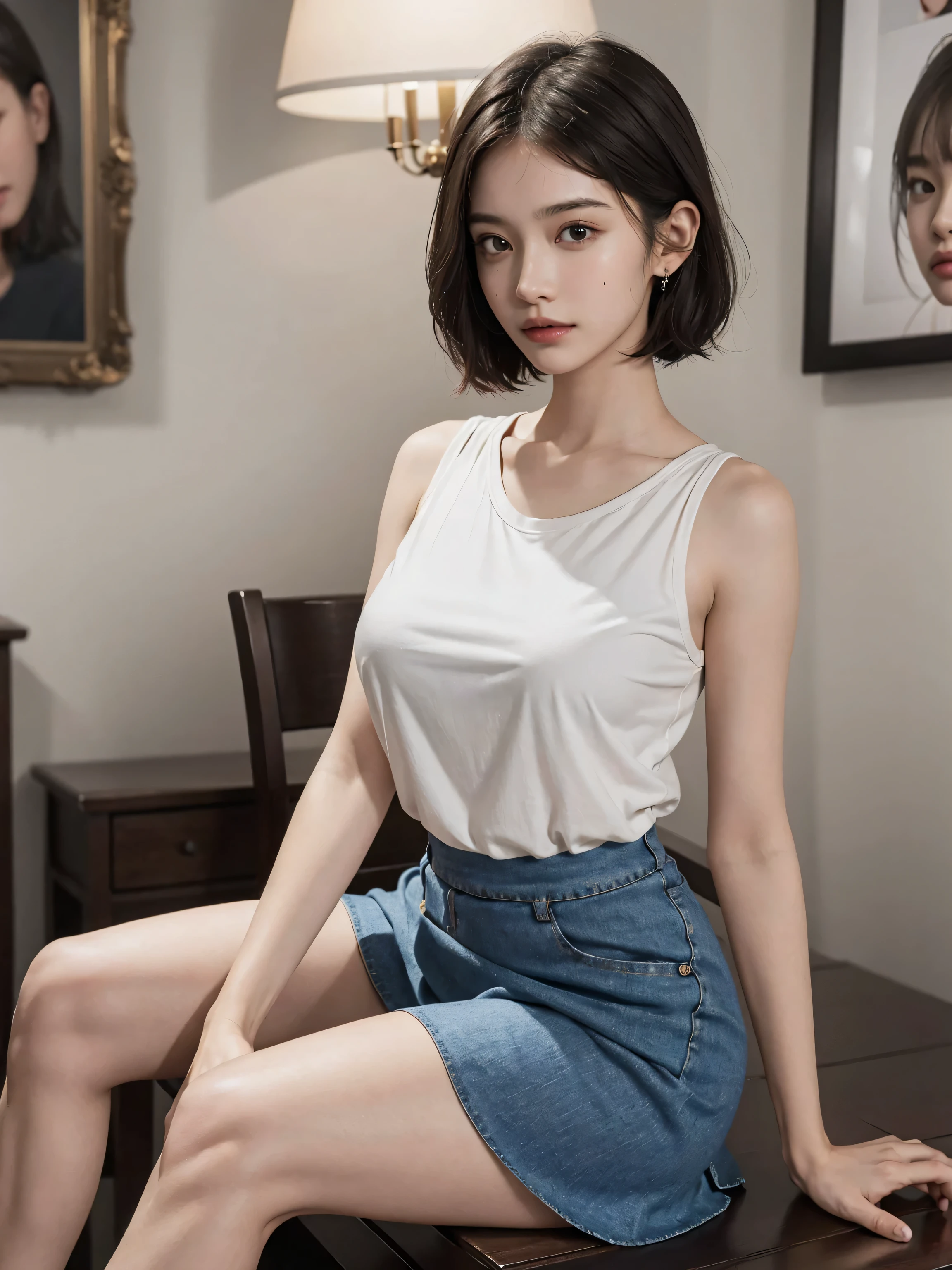((of the highest quality, 8K, masutepiece: 1.3, Raw photo)), Sharp Focus: 1.2, (1 AESPA Girl :1.1), Solo, (Realistic, Photorealistic: 1.37), (Face Focus: 1.1), Cute face, hyperdetailed face, (short messy hair: 1.2), Small breasts, flat chest, thigh, nude, office room, chiffon camisole, moon light, skirt lifted up, small smile