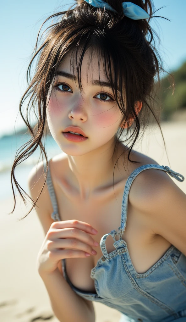 (((HD photo))), ultra high res.photorealistic:. 1.4, UHD, masterpiece, trending on artstation, portrait, closeup of face and cleavage, 1girl, pretty, cute face, most beautiful in the world, soft, delicate, (brown hair, middle hair ), cute breasts, (wearing sexy black bikini, high leg), tropical resort beach :1.4, examination, (all fours on the beach, a woman who seduces,) (looking at camera, from above), (beautiful sunset),