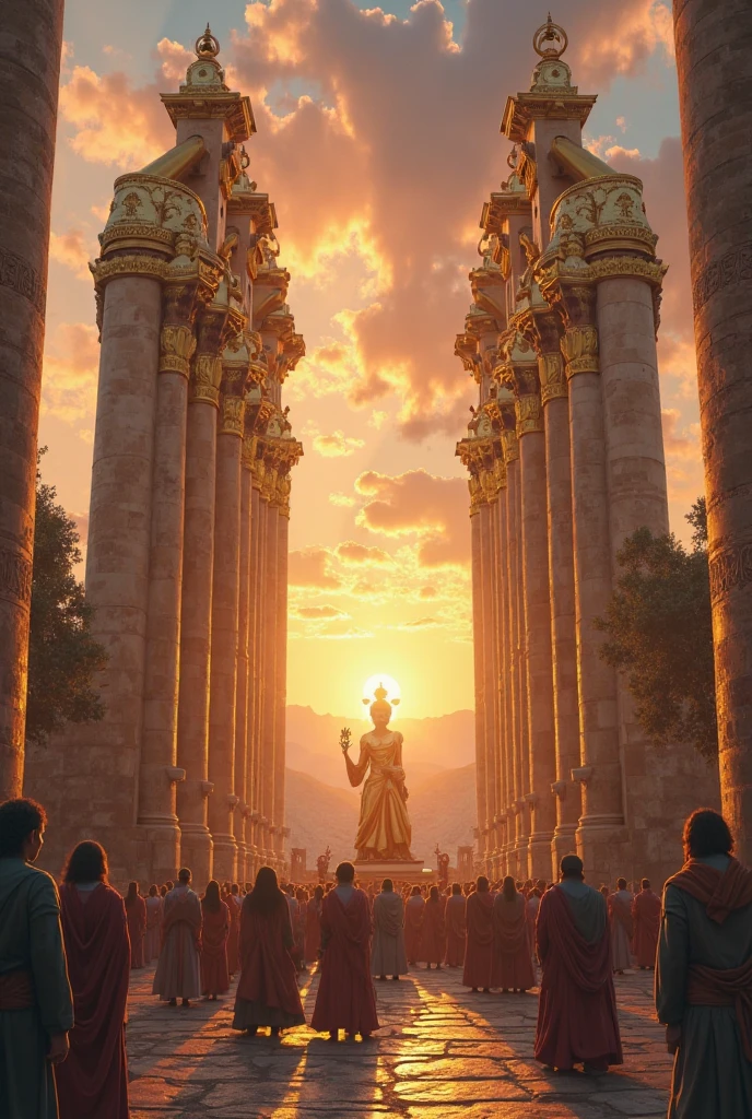 The high platform that calls for the gods has three passages, representing the god King Odin, the archangel Miyole, and the statue of Sun Wukong. The high platform is made of bluestone, each passage is a circular design, the inside of the passage is dark, but the light shines on the statue, making the statue clearly visible. The height of the statue is about two meters, which are Odin's long-bearded shawl, Miyingle's wings, and Sun Wukong's appearance holding a golden hoop stick. On the other side of the passage is an open square with an ornate stone monument standing on it. The high platform is surrounded by a dense crowd of worshippers, and the scene is quite noisy. Everyone is bowing respectfully and praying silently. --auto --s2