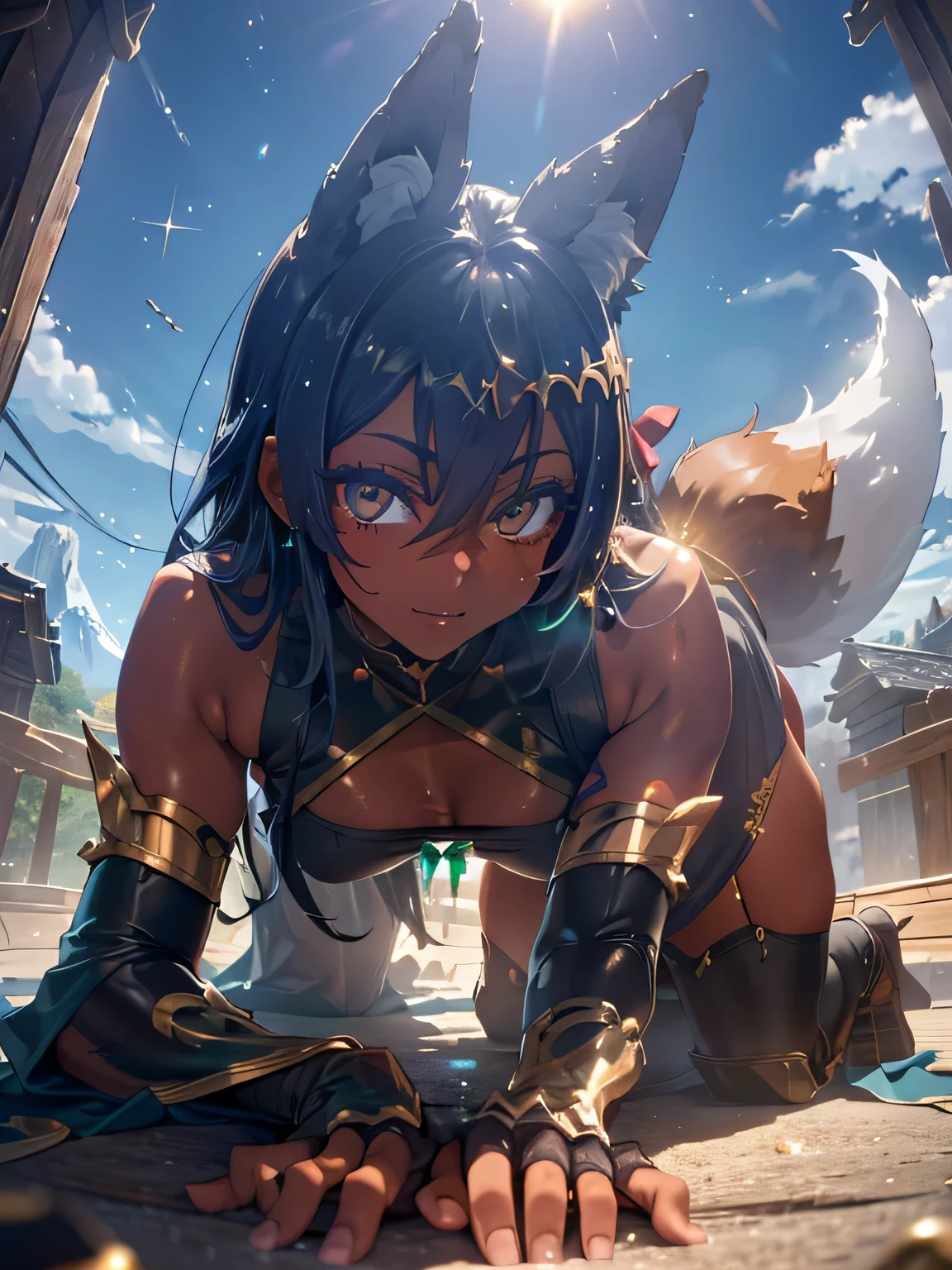 smiling showing teeth, hegao, bewitching expression,　(blush), drunken eyes, 
 (head tilt), (breasts apart),(sagging breasts), 
(all fours:1.5),   (The view is from very close below:1.5), looking down, looking at viewer, 　(portrait),(close up face:1.4),
(Fox ears), (9 fox tails: 1.5),
Score_9, score_8_above, score_7_above. 1teen girl, muscular, visible muscles, assassin, (dark skin, dark_skin, lustrous skin:1.5, bright skin:1.5),black hair, short hair, green eyes, slanted eyes, pointed chest, Gold Jewelry, collar, circlet, hair ornament, (super detailed, very detailed),(very detailed CG unity 8k wallpaper),(vibrant colors),{best illustration}, (seductive eyes, natural skin texture, realistic facial details),((detailed body)),(detailed face)),(betterhand, perfect anatomy, five fingers), very shiny skin, shiny body,(plastic glitter skin), exaggerated shiny skin, illuminated skin, transparent stomach, shiny Micro mini leotard, boots, circlet, see-through thigh highs, gauntlets, Absolute territory, evealing clothes, huge breasts, wide hips, super thick thighs, muscular woman, tight clothes [ in background a giant cat in ninja clothes] on a rooftop, night, mountains, (vulgarity), bewitching pose, heavy breathing, fog, (glistening skin:1.2),