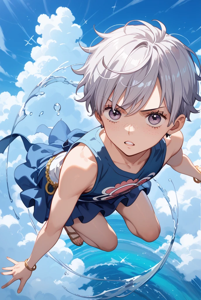 (Shota:1.5), (baggy:1.4), (White tank top:1.3), (White Boxer Briefs:1.3), (bulge&erection:1.2), (Looking up:1.4), The wind is blowing, (((Highest quality))), (((masterpiece))), (((Super detailed))), (skinny:1.3), (short hair)), (The wind is blowing), ((White Hair)), Wine red eyes, Raise your arms, ((smile)),  (Open your mouth), ((Earrings)), blue sky, Grass, (Choker on neck), Underarm, Sweaty skin, ((Wet clothes)), Nipples, center, (Shooting from below),