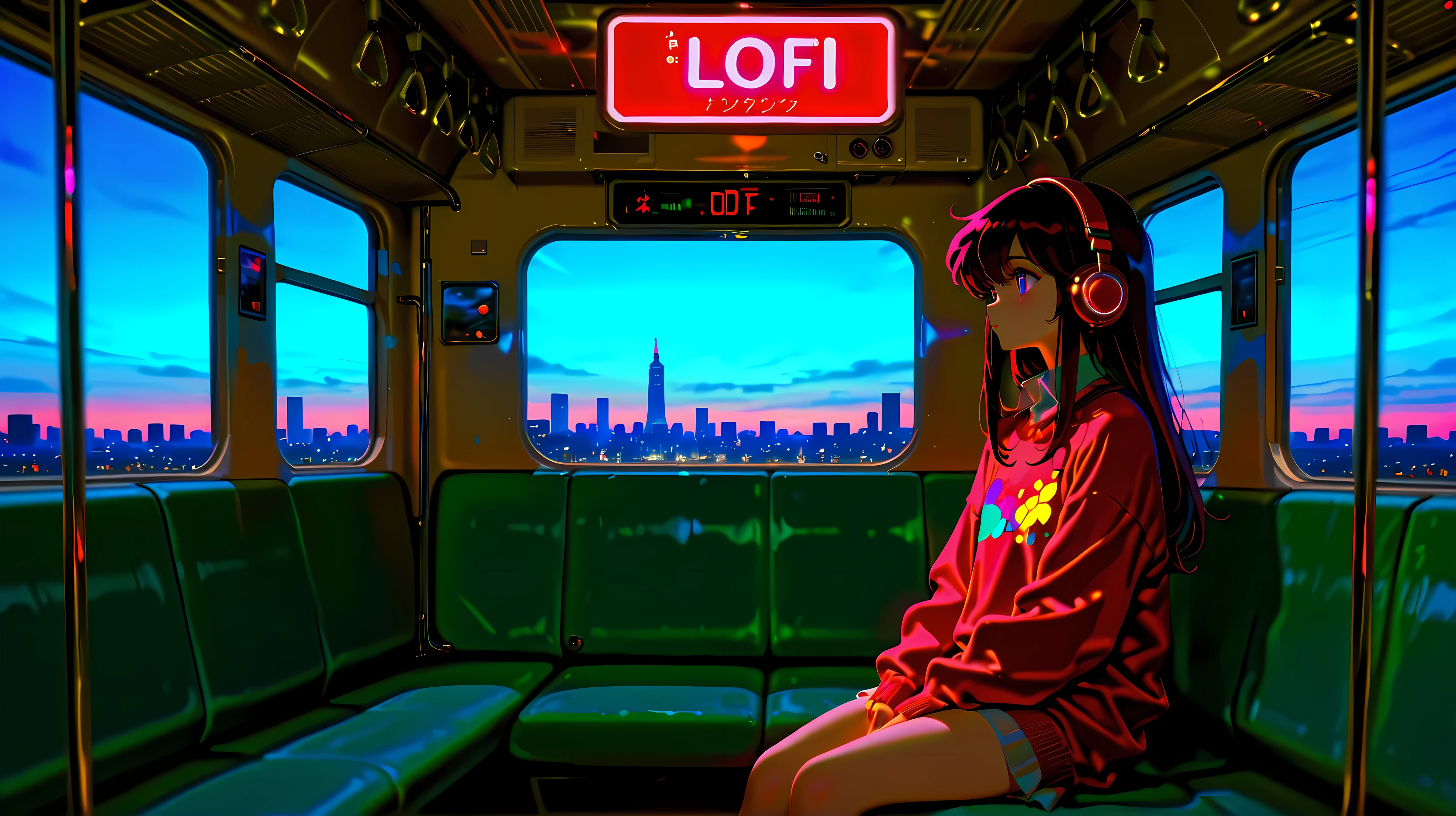 Long-haired young woman wearing sweater and headphones, Sitting on a train in the city, Bright colors, retro anime style, lofi style,