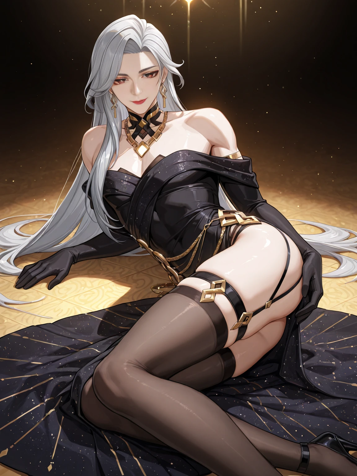 silver hair, twintail, bow, red eyes, best quality, masterpiece, highres, solo, (best quality:1.3), (masterpiece:1.3), (illustration:1.3), (ultra-detailed:1.3), 1girl, solo, large breasts, tall, mature, elegant, one hand on hip, one-shoulder one-piece swimsuit, black one-piece swimsuit,