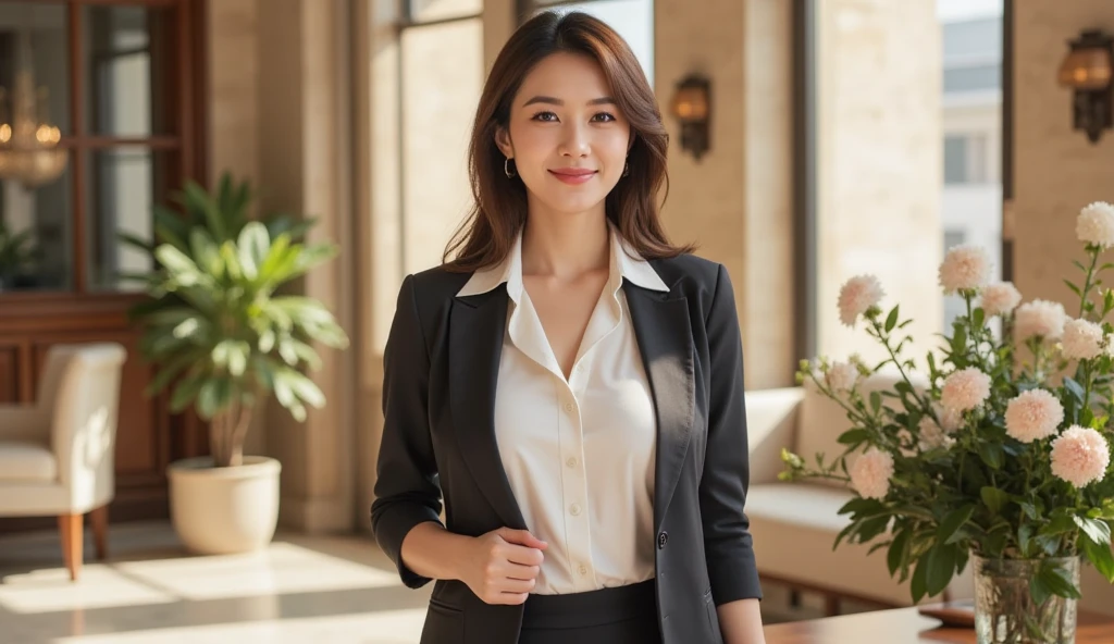 最high quality, In 8K, Masseter region, Vibrant, Sharp focus, high quality, High resolution, Detailed face, fine grain, (Looking at the audience), alone, Beautiful woman, 38 years old, (standard body type)、(D cup breasts)、(Short black hair:1.5), Cleavage、(State-of-the-art five-star hotel lobby:1.6)、 (Sitting on a large sofa:1.6)、(White business jacket:1.6)、(White pencil skirt:1.5)、(Black pumps)、pantyhose、(smile:1.5)、(Short black hair:1.3)