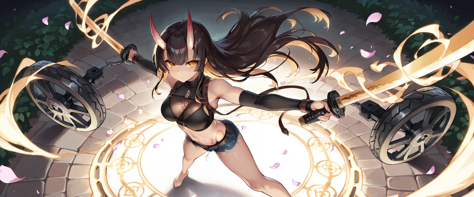 colorful , masterpiece, best quality, 1girl, weapon, solo, holding weapon, ((blurry background)), bare shoulders, variety of color clothes, variety of hairstyles, bra top, lowleg panties, orange, green, violet, brown, white, blurry background,
