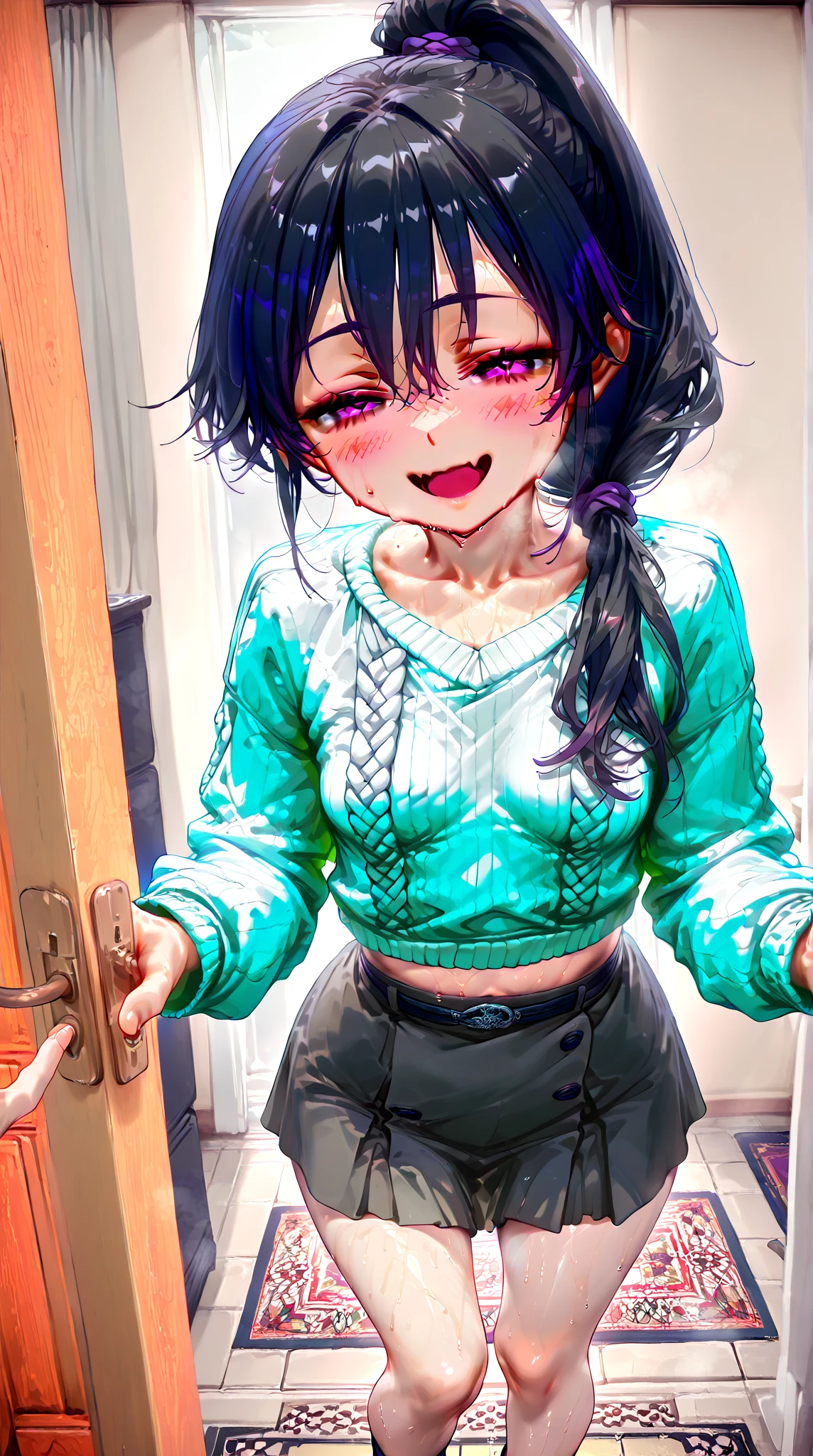 highest quality, masterpiece, High resolution, alone, {Shima_Also_yuru camp:1.15},( green_hair), purple_eye, closed_mouth, single_hair_good, hair_good, 1 girl, 前hair, blurry, blurry_background, (Motosu High School Girls Uniform Winter Clothes:1.3、Grey plaid skirt)、((small breasts:1.3)),(Opening her chest and showing her bra:1.3)、(lift up skirt:1.3、cute panties)、suite room