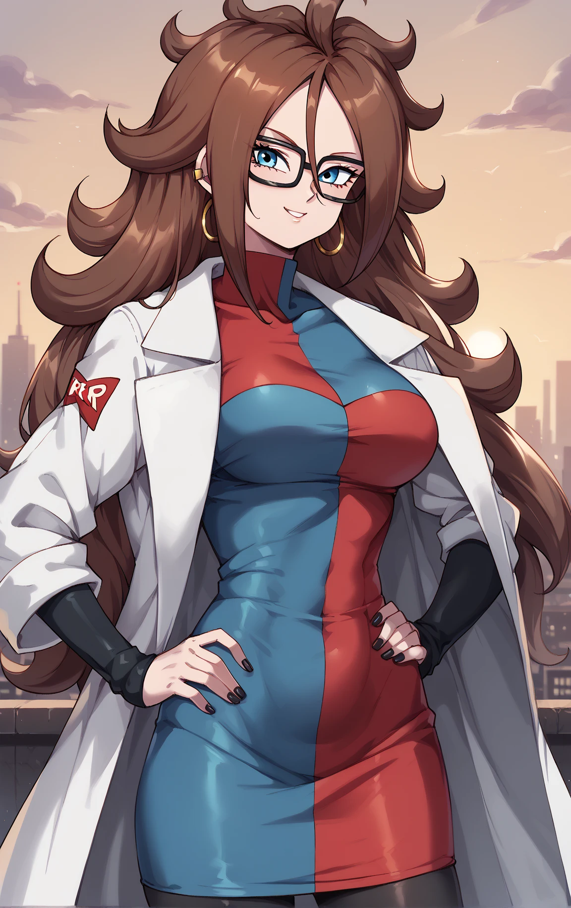 masterpiece, Best Quality, High resolution, aaandro, Brown hair, by the wide, Curly hair, blue eyes, hoop earrings, two tone dress, plaid dress, lab coat, long sleeves, black pantyhose, Dragon Ball, inside, standing, cowboy shot, smile, glasses, White lab coat