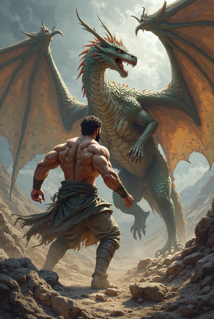 a strong,  young man, serious-looking man, fighting powerful dragons. the man is brandishing a sword of blinding light. The landscape is of green fields in the background.