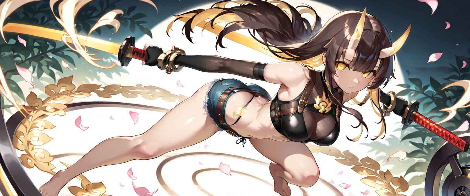 one-girl,Tall guy,asiagirl,dual horsetail,double-ponytail,the detail,brown hair color hair,Martial artist,x swimsuit,kini swimsuit,little belly,Very revealing martial artist costume,Black and gold clothes with long legs