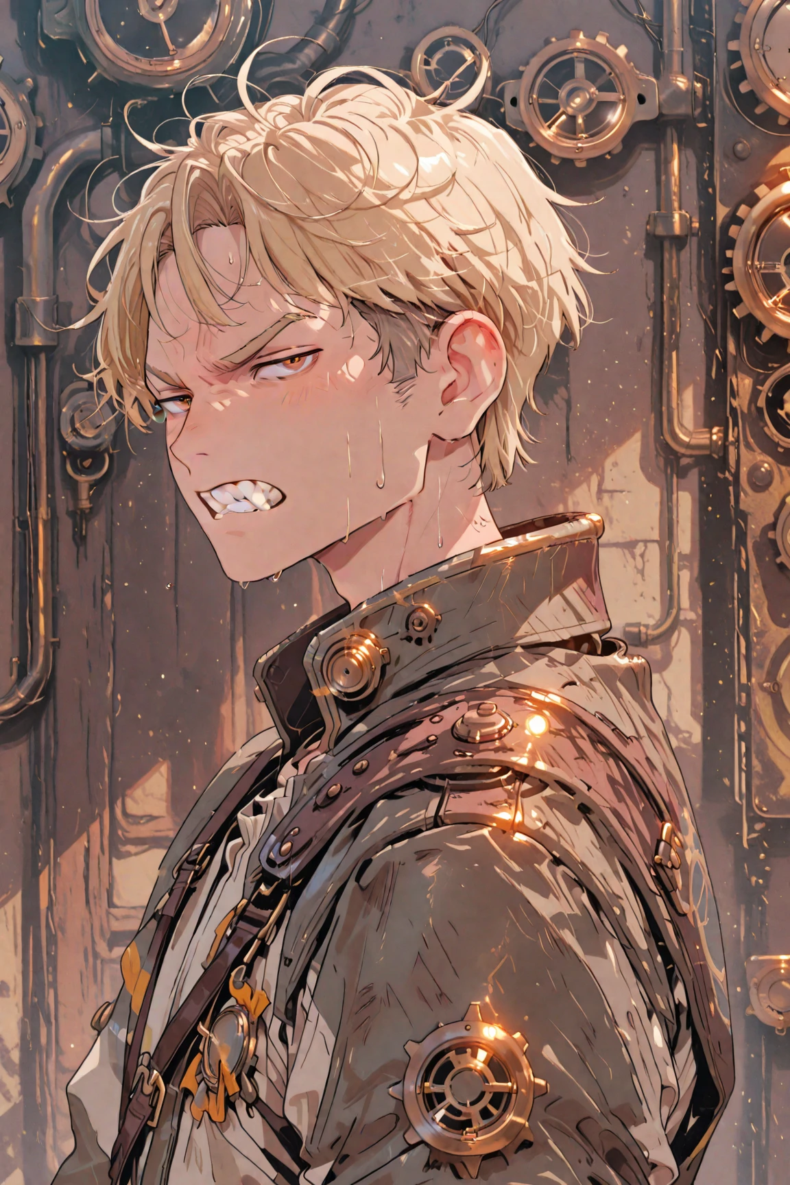 Young man, short silver-white hair, light blue eyes, unobstructed, ragged clothes, tattered clothes, dirty, gray-headed, collars, chains, iron cages, clothes full of holes, hands handcuffed, shackled, looking down, face red