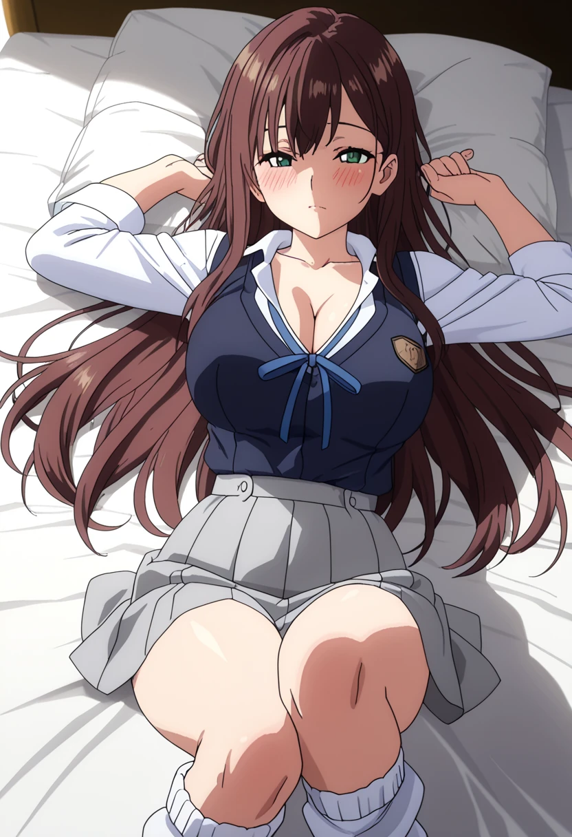 ((Browsing Caution:1.4, masterpiece, highest quality, High resolution, 超High resolution, Perfect Pixel, Depth of written boundary, 4K, RTTX 10.0, High resolution))), (One girl:1.3), single, alone, she, Beautiful Anime Girls, Beautiful art style, Anime characters, ((Detailed face:1.2)), ((Smooth texture:0.75, Realistic texture:0.5, Anime CG Style)), ((Beautiful and large breasts, Cleavage)), indoor, Bedroom, Perfect body, Slender body ((Sleeping in bed, (lying on one's back:1.5), sleepy, close your eyes, Lying in bed, Sleeping pose:1.2)), (Natural light, Reflection of light, Morning Scenery),(Open your mouth wide:1.3)), (Put one hand in your panties:1.8), fingering, (pussy juice:1), (Perfect hands, Perfect Anatomy, Exact number of hands), sexual pleasure expression, Hold your pee、Patience is the limit、On the brink of climax, (One hand kneading the chest:1.3), ((blazer:1.3), White shirt, Check skirt, (Red ribbon at neck:1.4)), (sheのシャツは胸元が開いている, Stylish pink bra:1.1), (The skirt is flipped up, Stylish pink side-tie panties:1.1)、Chizuru Ichinose、Cute anime illustrations、レンタルshe