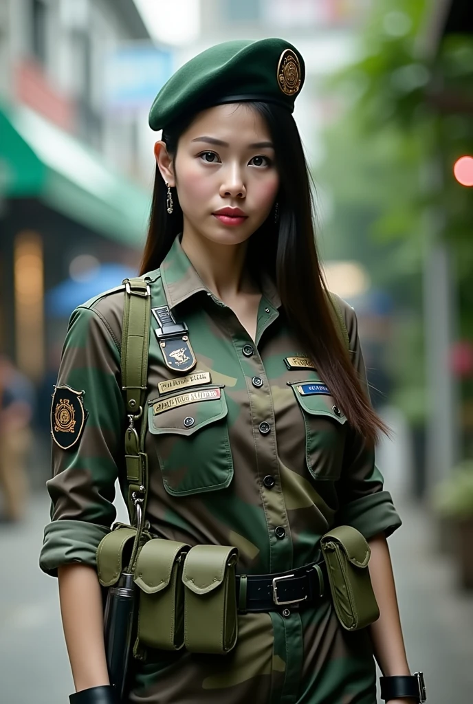 1girl,solo,asian,
15-25 years old,young,teenager,no makeup,
embarrassed expressions,candid moment,
looking at viewer,walking,
hemi cut,black hair,brown eyes,catchlights,
unedited,raw,unretouched,
Military uniform,
outside,
realistic,photorealistic,day,urban background,cold tones,