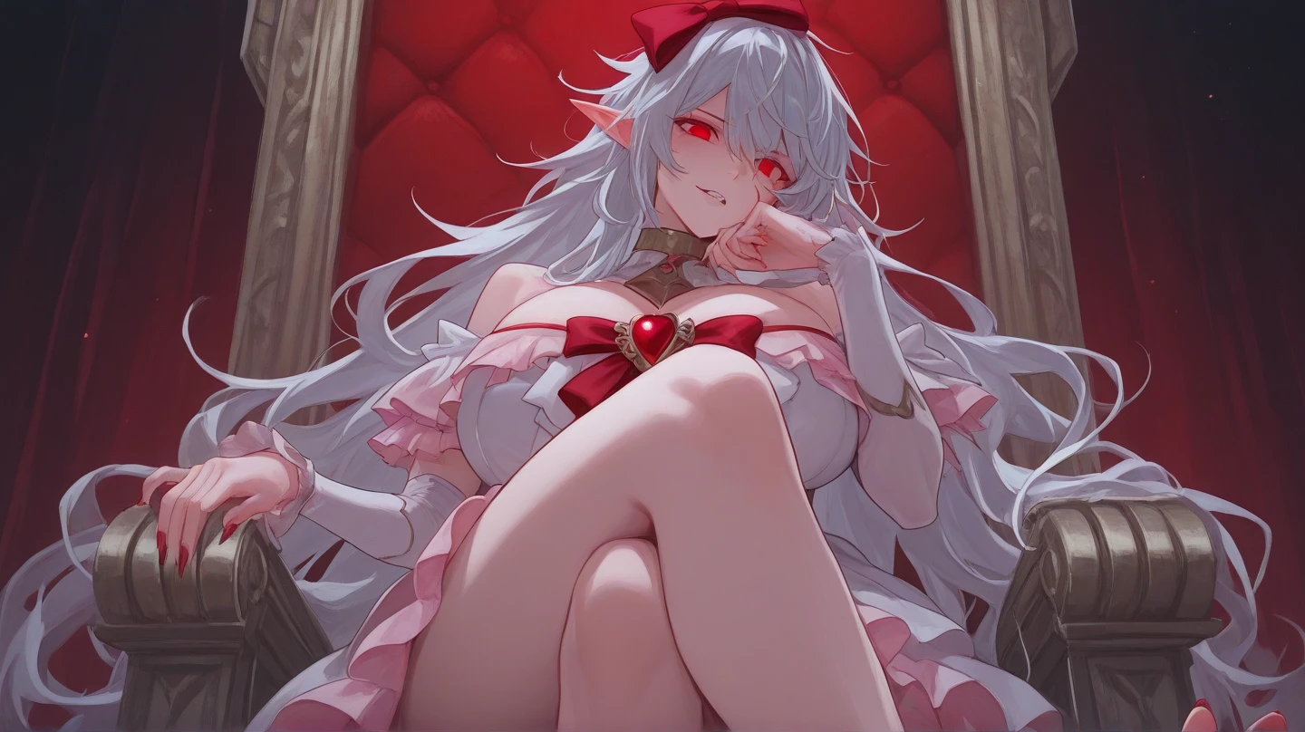 Long straight white hair, red eyes, big breasts, transparent silk pajamas, NSFW, nipples visible, maternal look, milf, 35 years old, bent over, has a crown in the background in bed