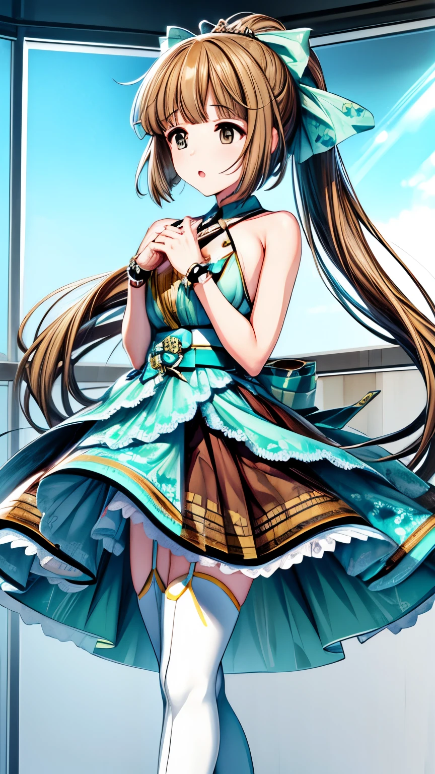 (masterpiece)、(Best image quality)、(Very detailed)、(Very detailed)、(8k)、(Yoshino Yorita,long hair,high Ponytail,brown eyes),(A gorgeous idol dress:1.5,sleeveless,frill skirt,garter belt,tights,aqua sexy Dress),(masterpiece)、 (Gigantic Breast,huge breast),NSFW