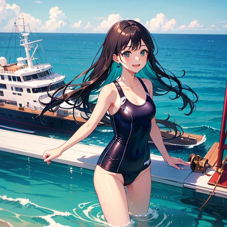 (1teenager), (19 years old), (wavy dark brown hair), (light brown skin), (grayish light blue eyes), (body with wide hips), very happy look, basket suit, (medium length hair) 、(hair up)、(attractive face) 、(chubby legs and big thighs)