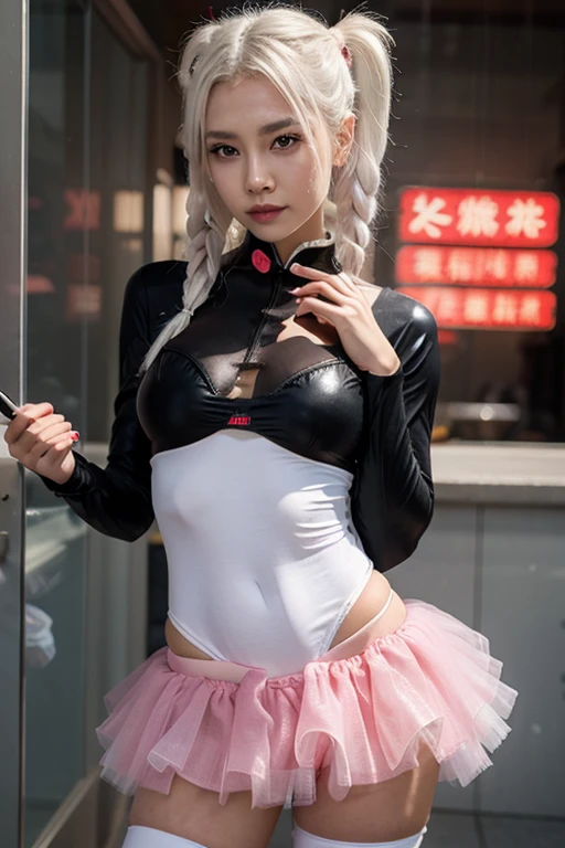 (RAW photo, best quality, masterpiece:1.2), (realistic, photo-realistic:1.4),(masterpiece:1.4),(best quality:1.4),1girl, solo, :d, animal ear headphones, animal ears, arms up, bangs, blush, bodysuit, breasts, bunny pose, clothes writing, covered navel, cowboy shot, cropped jacket, fake animal ears, gloves, outdoor,morning,snow, hair intakes, headphones, impossible bodysuit, impossible clothes, jacket, large breasts, latex, latex bodysuit, long hair, long sleeves, looking at viewer, large breasts, multicolored gloves, open mouth, pink bodysuit, pink eyes, red eyes, red jacket, shiny clothes, shrug \(clothing\), sidelocks, skin tight, smile, thigh gap, thighs, twintails, very long hair, white gloves, white hair,alice \(nikke\),(shiny skin),realistic,