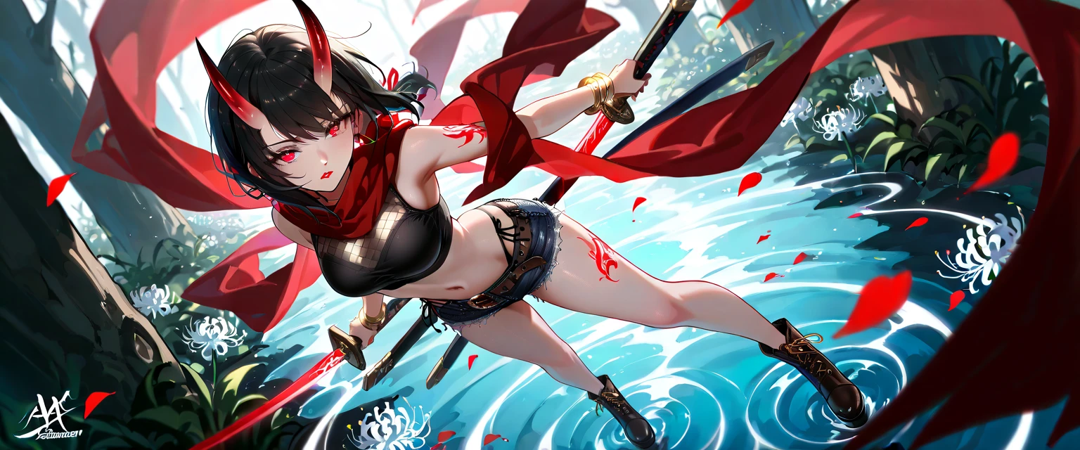 Girl, Navel exposed,  Wear calf-length socks and boots, Holding a sword, Being attacked by enemies, Close your eyes and scream