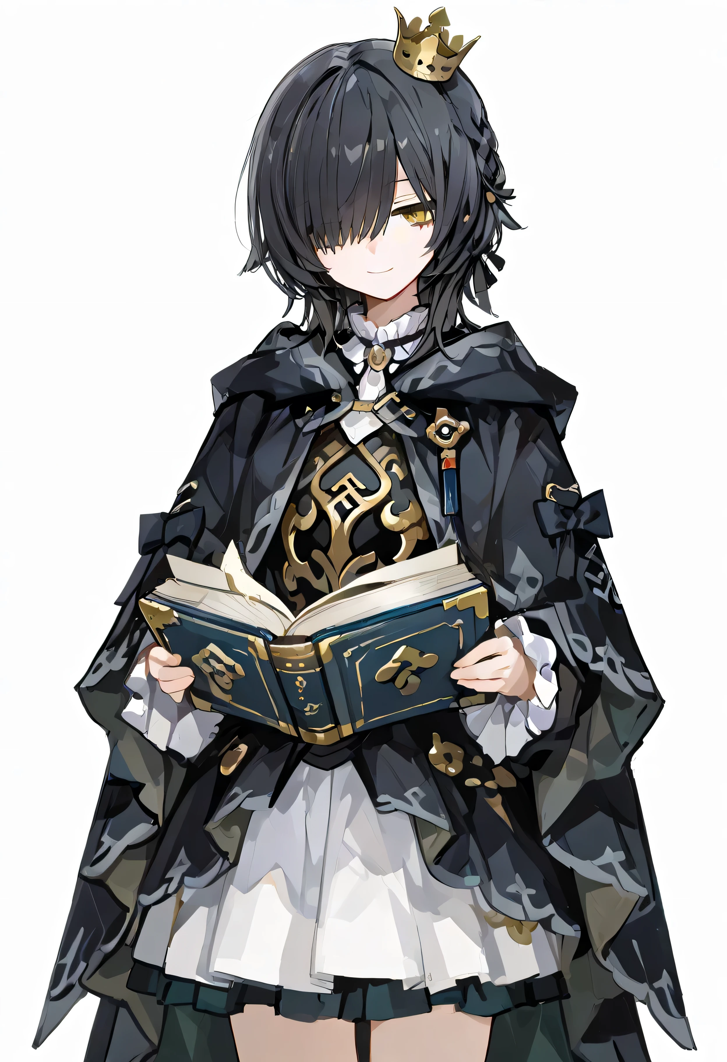
super fine illustration,748cmstyle,1girl,hair over one eyes,black hair,yellow eyes,braid,wolf cut hair,jitome,light smile,open a big book,cowboy shot,cloak,little crown,king,white background,highly-detailed