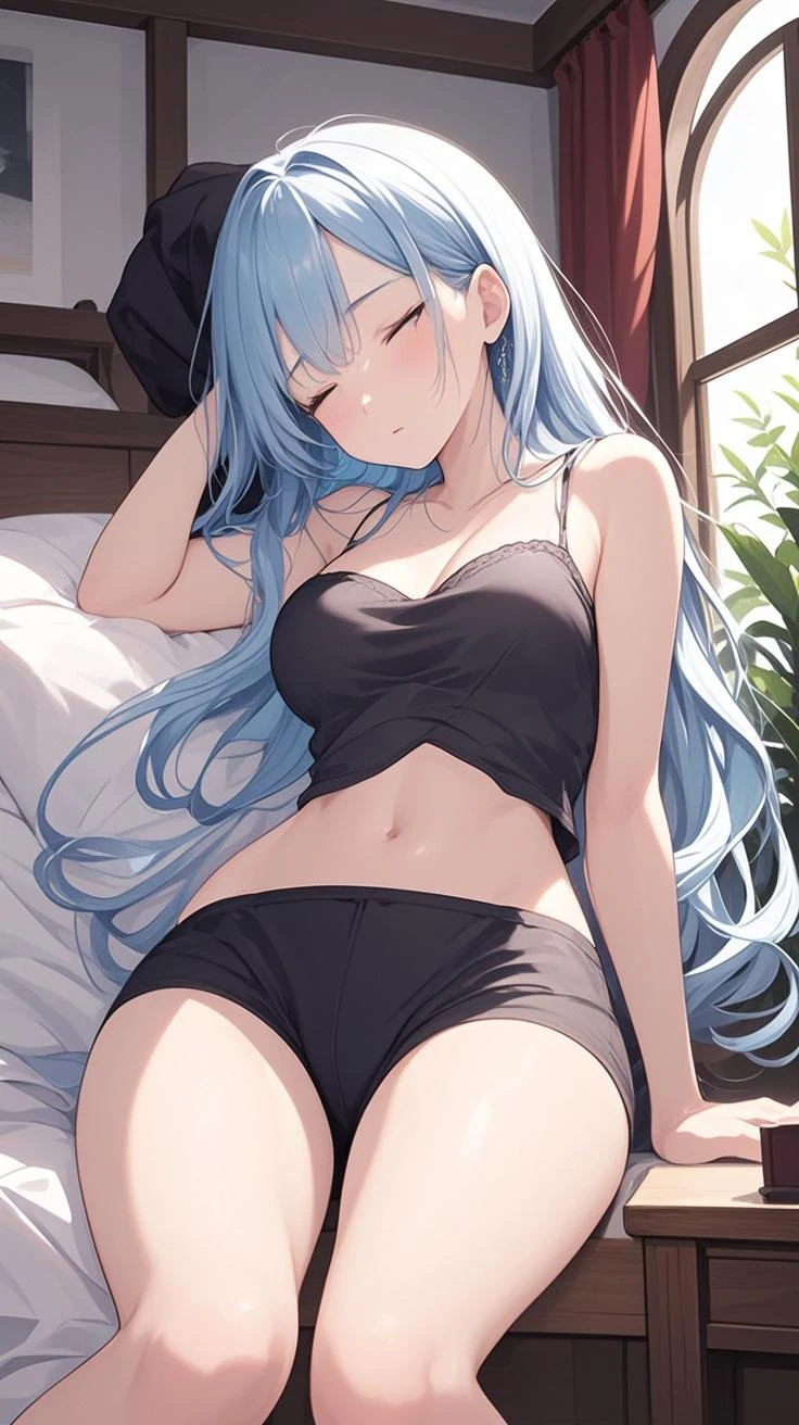 1girl, bluenette hair, light blue hair, next door girl, naked, laying under blanket, laying in bed, soft smile 