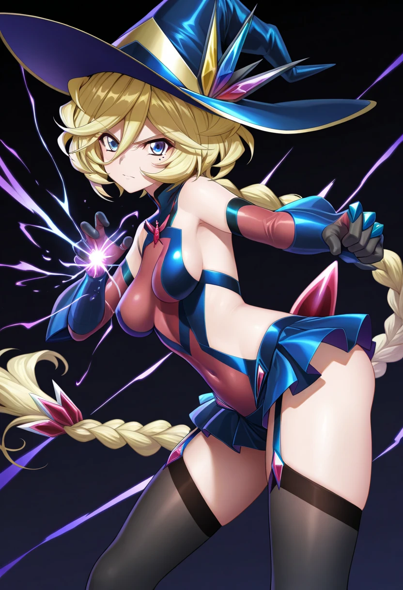 Black Magician Girl、super breasts、thick thighs、blonde hair、magic circle、8K,(from below:1.3) 4k, highest quality, High resolution: 1.2),winking、One breast exposed、cute anime face、Pink blush on cheeks、noise removal