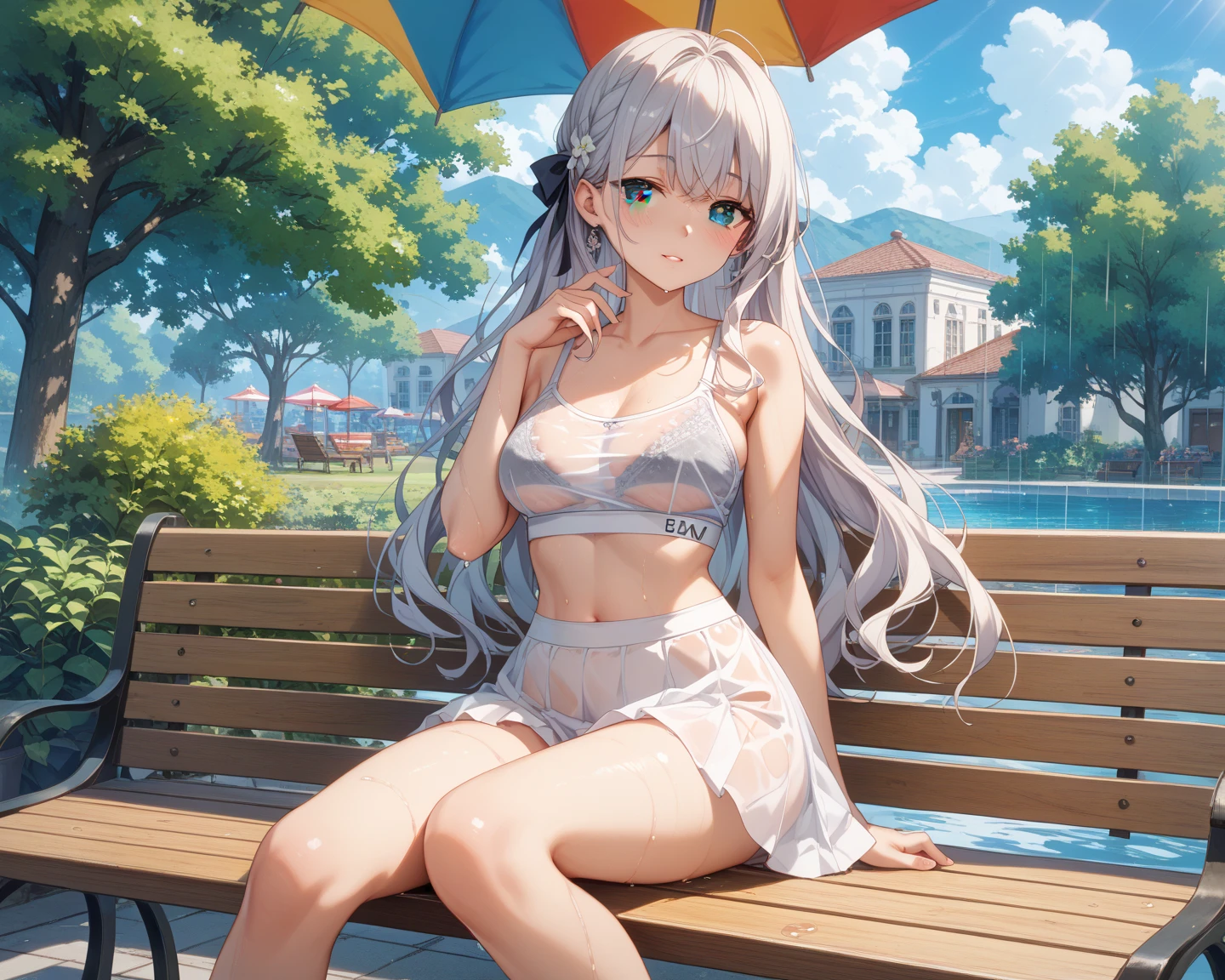 (masterpiece, best quality, highres),
elaina, solo, long hair, sky, cloud, witch, open mouth, smile, looking at viewer, full body, :d, bare legs, hair bundle, yellow hair band, sitting, bikini, (white bikini),