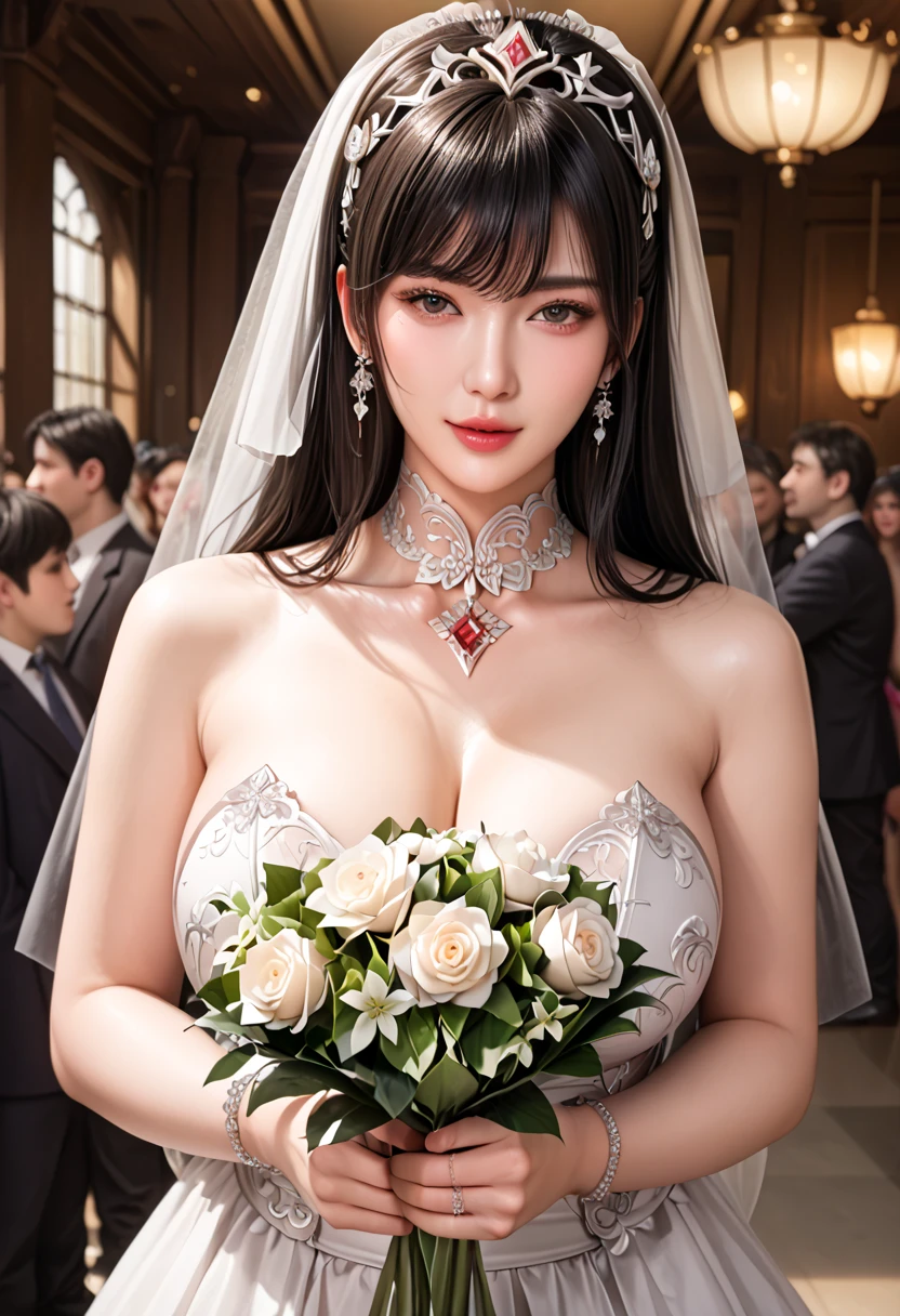 (((Pixel perfect, Perfect details))), alone, 1 girl,bride, yuigahama yui, Keep your mouth shut,pink glossy lips,bride子穿著bride禮服的特写,Gurwitz, (((bride頭紗))),(transparent short veil),blush,eye shadow,Blushing face,Head flower,headgear,((bouquet)),((((tube top wedding dress)))),(((strapless wedding dress))),(bare shoulders),pure white dress,(necklace),((earrings)),(large breasts:1.3),Bangs,lipstick,((White long elbow gloves)),Half-length photo,High-detail RAW color art,White long skirt,There is a railway track next to it,(standing on the railroad tracks:1.3),18 years old, (long twintails:1.5),(double bun:1.5), black hair,