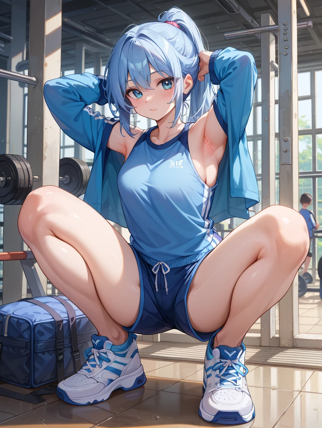 NSFW,masterpiece,Highest quality,High resolution,Super detailed,Star Town Suisei\(Hololive\),Blue Hair,One Side Ponytail,Blue Eyes,Small breasts,Track and field club,Descente Bra Top,Descente One Point Shorts,Streaks,School,locker room,bench,Embarrassed,blush,(In heat),Expecting face,(Ecstasy face),(Masturbation),(Squirting)