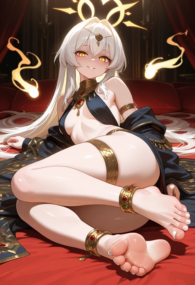 NSFW,masterpiece,Highest quality,High resolution,Very detailed,Girl,Silver Hair,long hair,Golden Eyes,Small breasts,Short height,goddess,God,A dazzling silk long dress,Arabia,gem,Decoration,Temple of the Night,altar,Your sleeping quarters,Starry Sky,Ancient,Seduce,Sexy pose,Lustful face,Embarrassed,blush,Excited face,Drooling