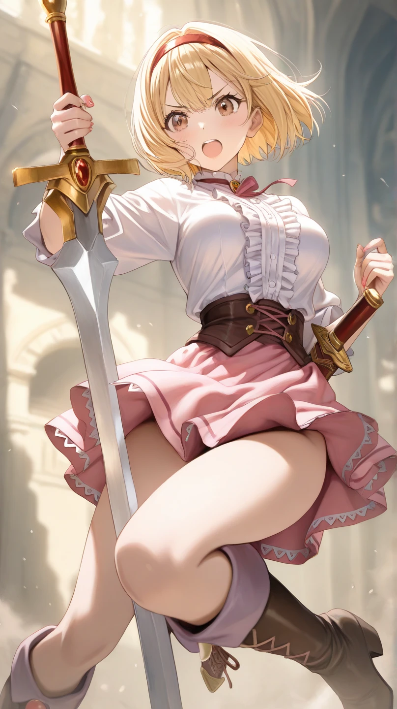 ((masterpiece,Highest quality:1.3,best quality illustration)),cowboy shot,1woman,(Mature Beauty),Female Swordsman、((very small head:1.4)),((ideal ratio body proportions:1.3)),blonde hair,(low ponytail),long hair,bangs,gorgeous eyes,Blue eyes,smile,(Red turtleneck knitwear、navel、Red pleated mini skirt),(slender body,skinny),medium breasts,gleaming skin,shiny skin,Medieval European Castles、Sword and sorcery fantasy world、