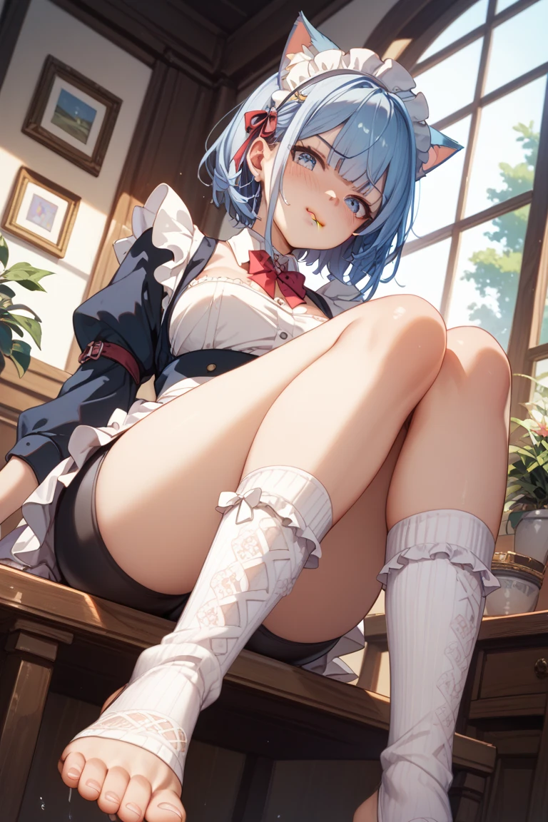 absurd, 8k, high resolution, ultra detailed, vivid colors, wallpaper, perfect lighting, beautiful skin, perfect shadows, beautiful eyes, detailed eyes, detailed face, beautiful face, masterpiece, best quality, detailed clothing, full body , you can see the girl's entire body, ganyu genshin impact, tall woman, face with a tender and embarrassed expression, she is in a classroom , ??????????????, oppai, huge thighs,  white shiny heels,black pantyhose,white shirt,black jacket,sitting on desk