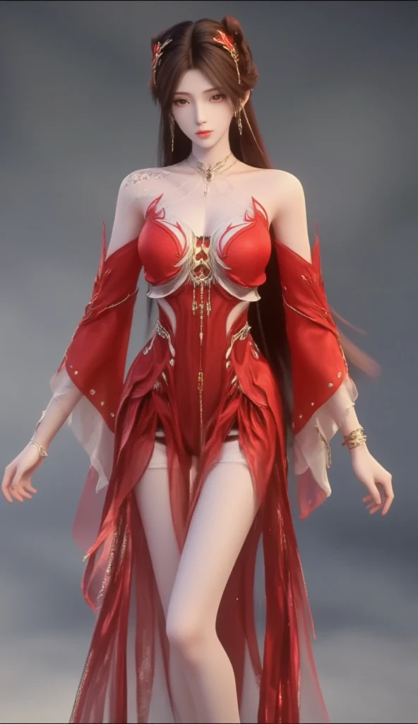A very beautiful female empress,/(((her slender body with pearly white skin, with slender muscular body, but well proportioned, with cracked abdomen,))) yellow  eyes,))) (((Short white, gray, silver and platinum hair.))) (((red hanafuda earrings, ))) ((perfectly shaped waist, fleshy but sensual legs,)) ((with traditional Chinese imperial clothing decorated in gold with black details,)) (((with red transparent skirt,))) ((red and black alloys,)) black string sandal. On a staircase in an ancient Chinese castle with flashes of light reflecting off his body., sexly. High definition.Sexy anime in 4K, full-body photos, sensual poses,hot body