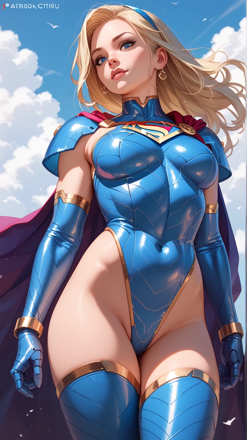 1female,45 yers old,Married woman,熟妇,Large breasts,long leges,big chest and thin waist, photo exposure, 独奏,(Background with:at a forest,the rainforest,in summer) She has long blonde hair,Redlip,Stood up,seen from the front, curlies, The sky is mostly cloudy,(((tmasterpiece),(Very detailed CG unified 8k wallpaper),Best quality at best,电影灯光,detailed back ground,beautidful eyes,Bright pupils,(very delicate beautiful),(Beautiful and detailed eye descriptions),ultra - detailed,tmasterpiece,)),facing at the camera,A high resolution,ultra - detailed),revealing breasts,Bare genitals, convex,Camel toes,Raised sexy,Supergirl(dressed in:,Blue transparent shirt,White jumpsuit)Superman uniform